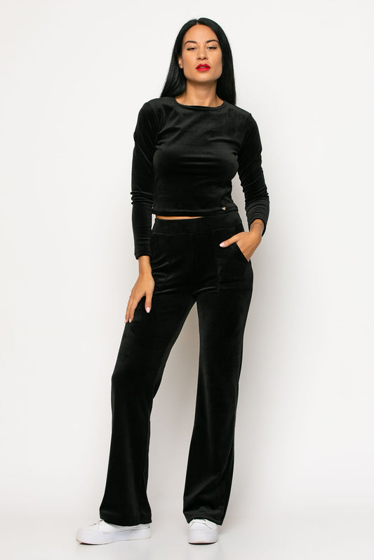 Σετ top cropped - παντελόνι φόρμας βελουτέ