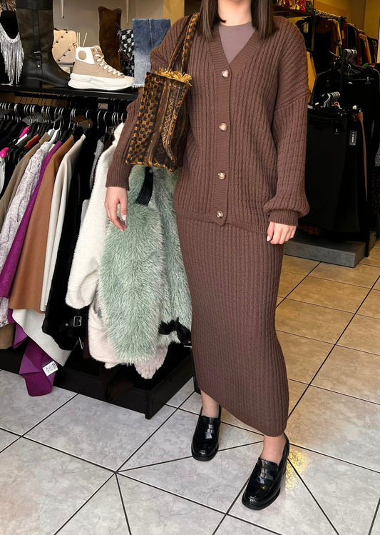 Σετ πλεκτό ζακέτα - φούστα maxi pencil