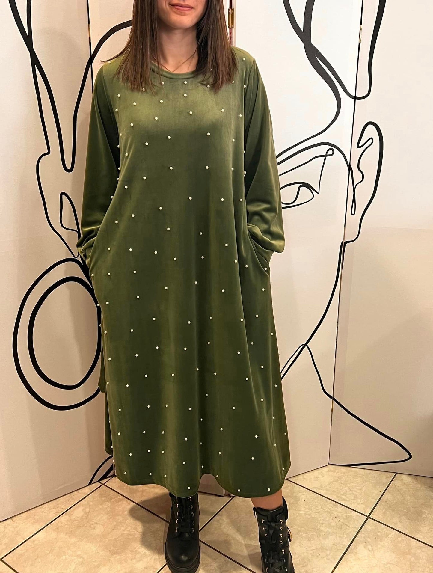 Φόρεμα maxi εβαζέ βελουτέ με πέρλες