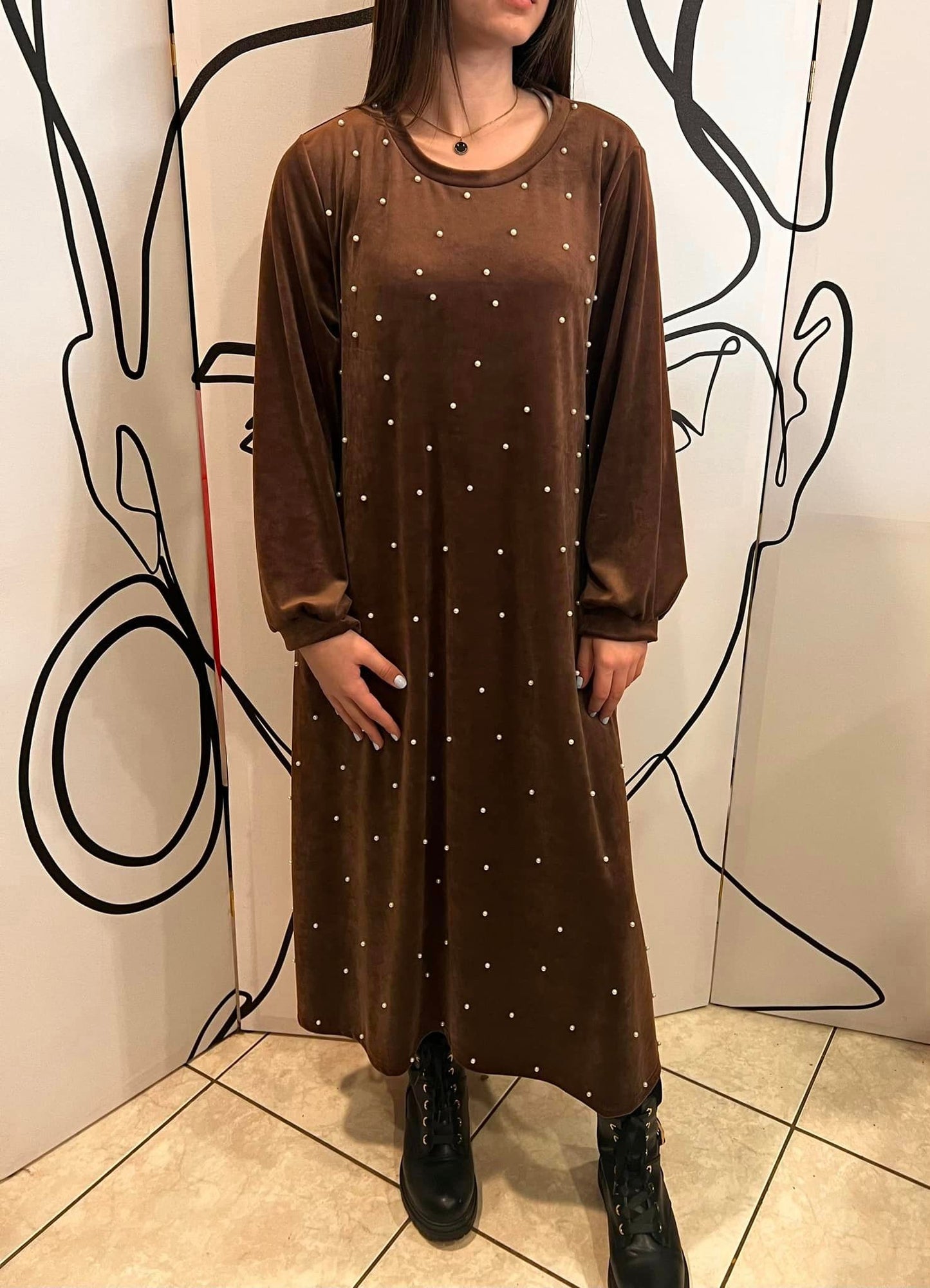 Φόρεμα maxi εβαζέ βελουτέ με πέρλες