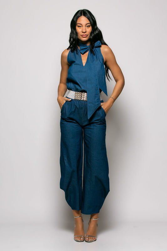 Σετ denim τοπ - σαλβάρι detailed