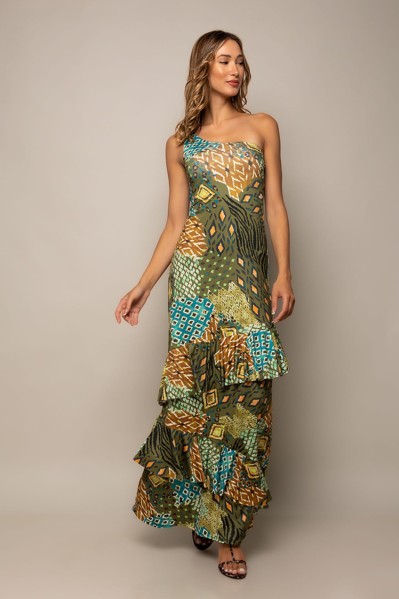 Φόρεμα maxi cocktail με βολάν multicolor