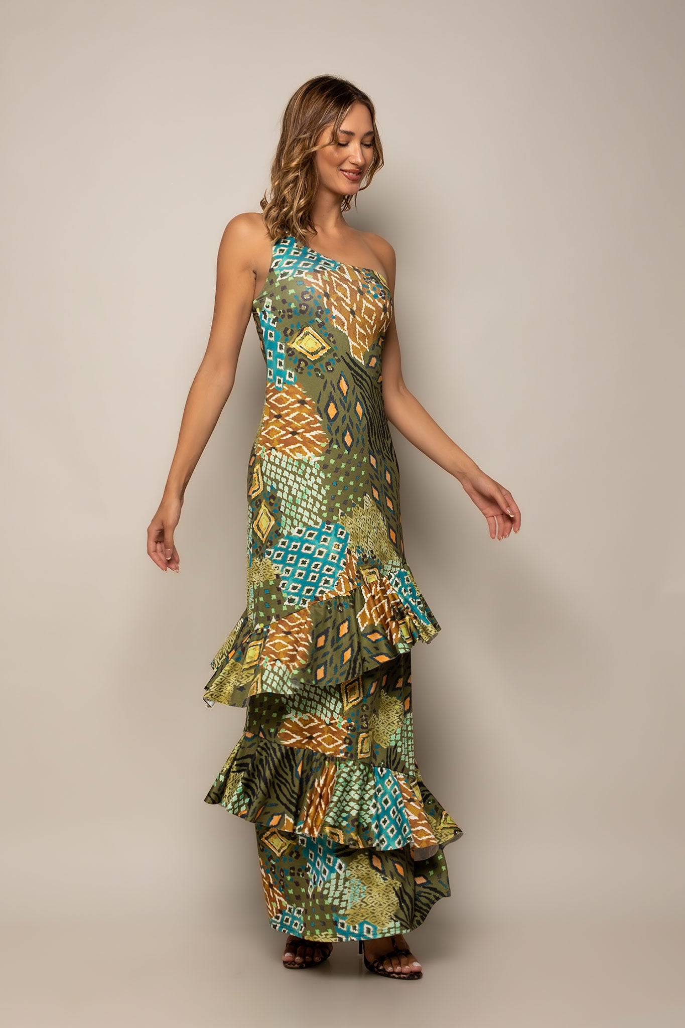 Φόρεμα maxi cocktail με βολάν multicolor