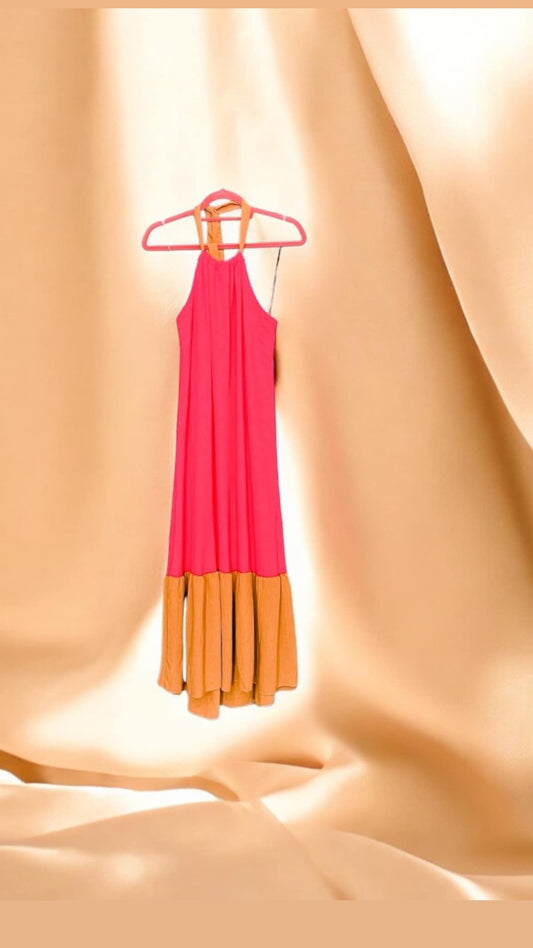 Φόρεμα maxi αμάνικο με δέσιμο στο λαιμό δίχρωμο