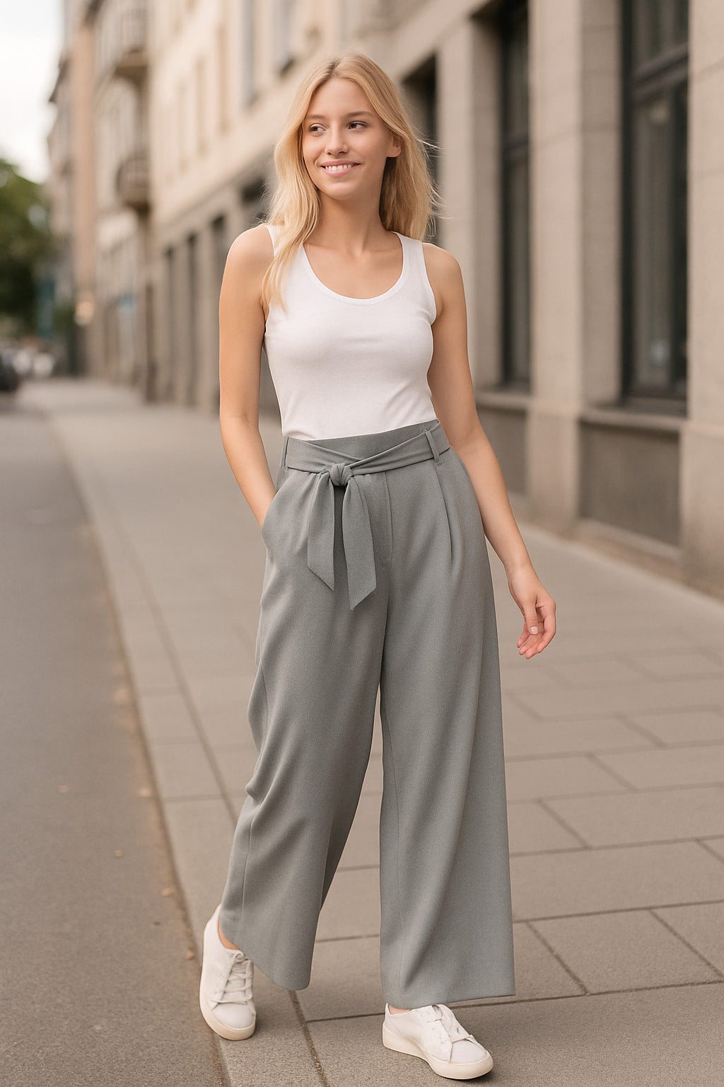 Παντελόνι κρεπ με πιέτες και ζώνη