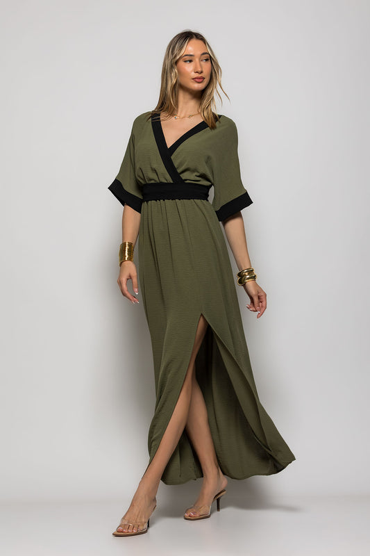 Φόρεμα crepe maxi με διχρωμία