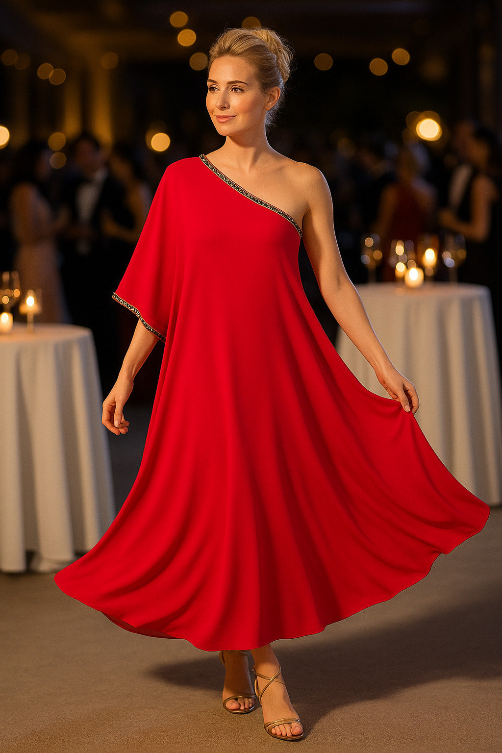 Φόρεμα maxi jersey με έναν ώμο και αλυσίδα