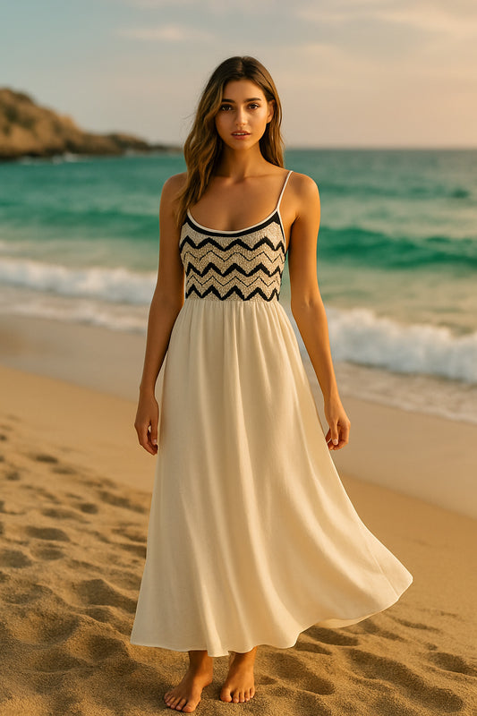 Φόρεμα maxi crepe με πλεκτό μπούστο