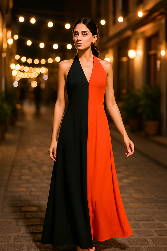 Φόρεμα maxi crepe δίχρωμο