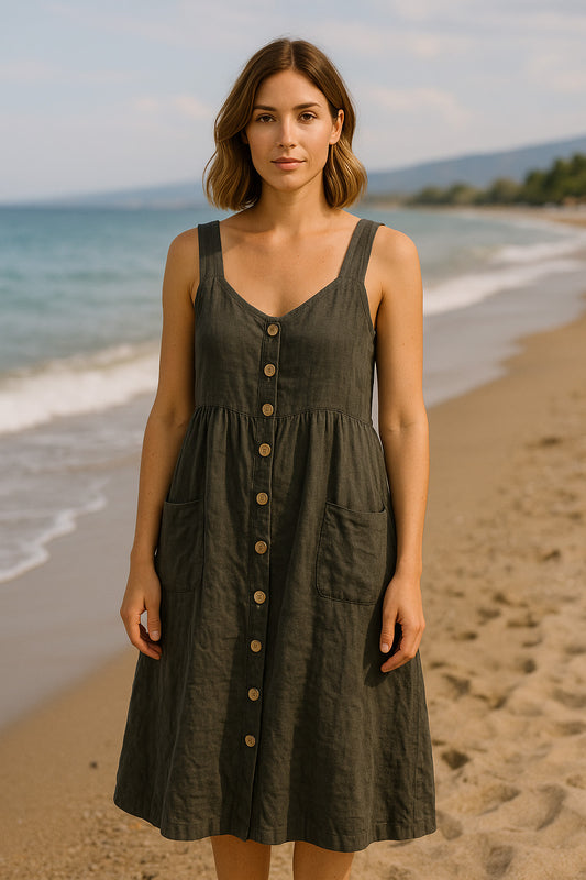 Φόρεμα midi λινό σεμιζιέ σε Α γραμμή