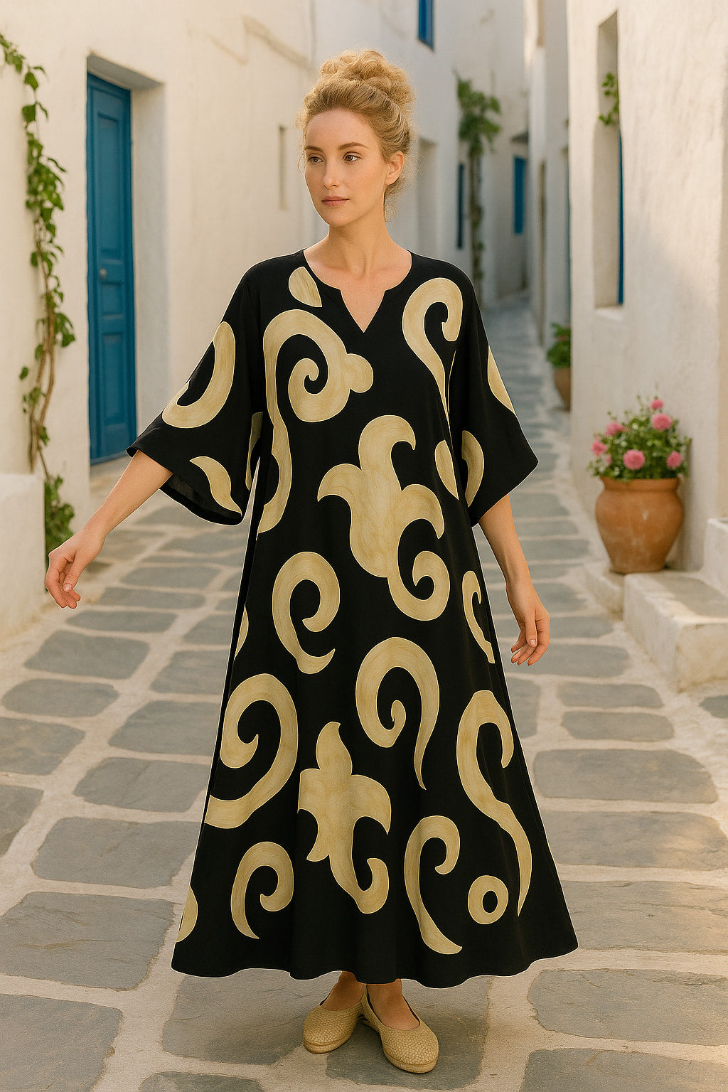 Καφτανοφόρεμα maxi printed με σατινέ υφή
