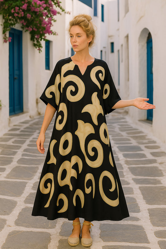 Καφτανοφόρεμα maxi printed με σατινέ υφή