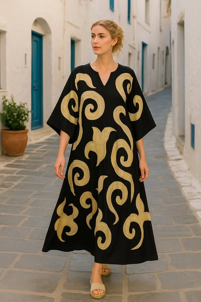 Καφτανοφόρεμα maxi printed με σατινέ υφή