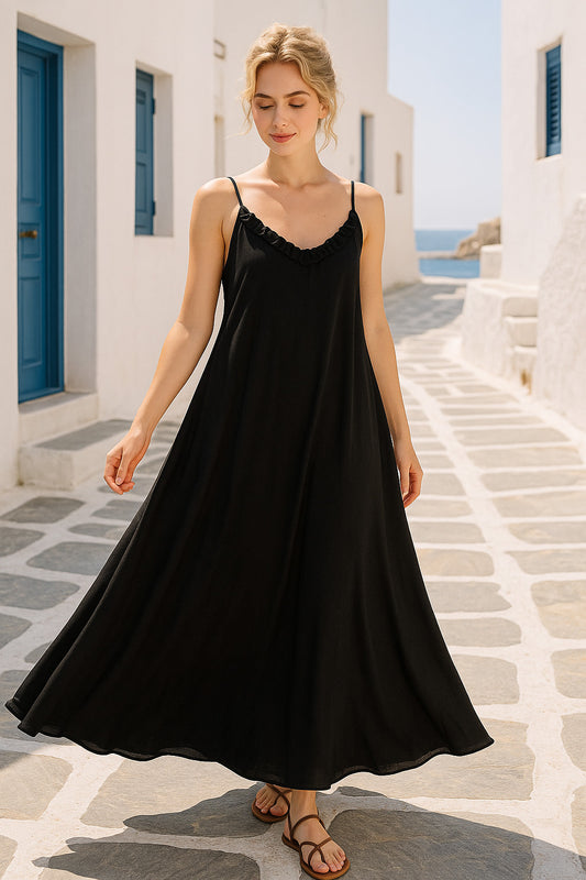 Φόρεμα maxi κρεπ Α γραμμή με ζώνη