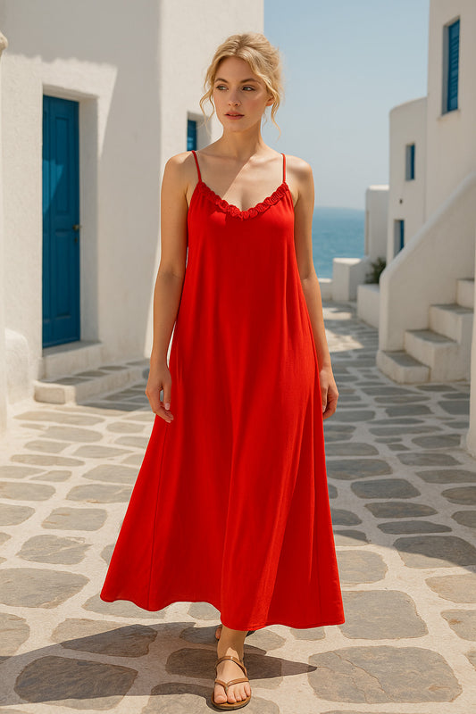 Φόρεμα maxi κρεπ Α γραμμή με ζώνη