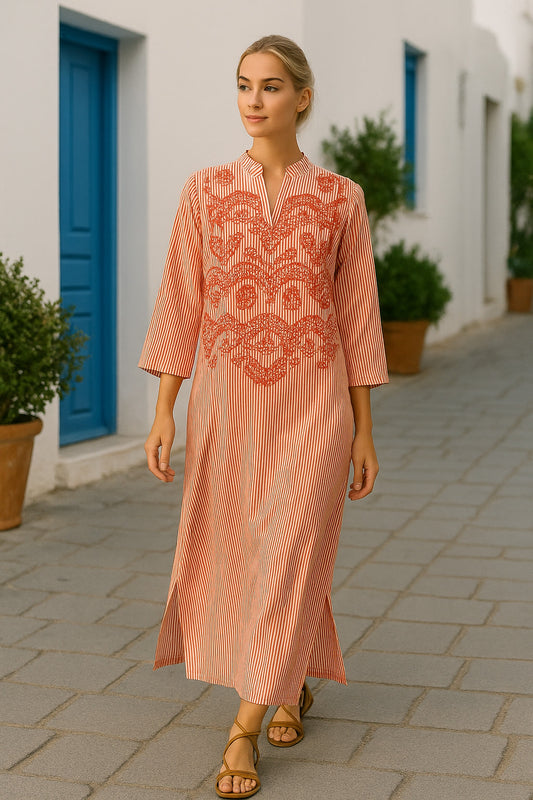 Καφτανοφόρεμα maxi mat satin ριγέ με μοτίβα