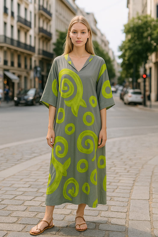 Καφτανοφόρεμα maxi printed με σατινέ υφή