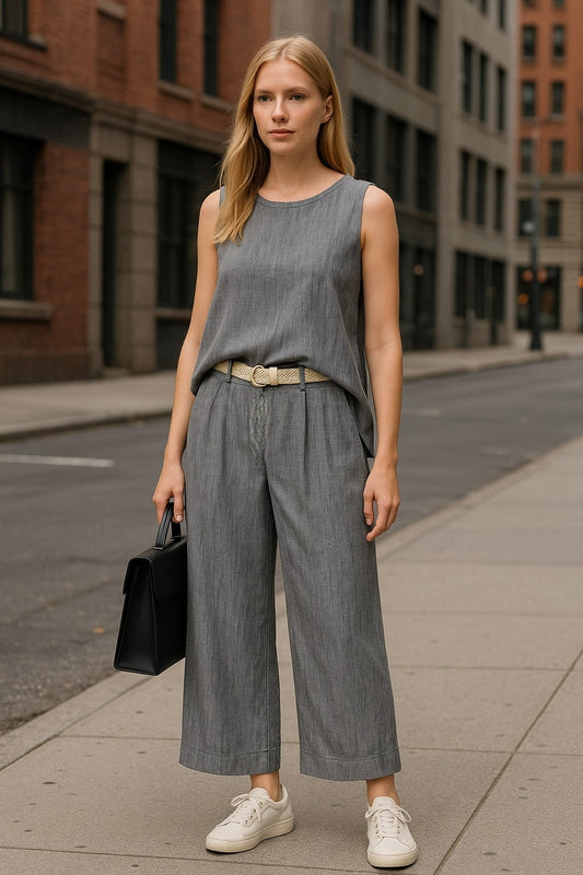 Σετ μπλούζα - παντελόνα με ζωνάκι πλεκτό