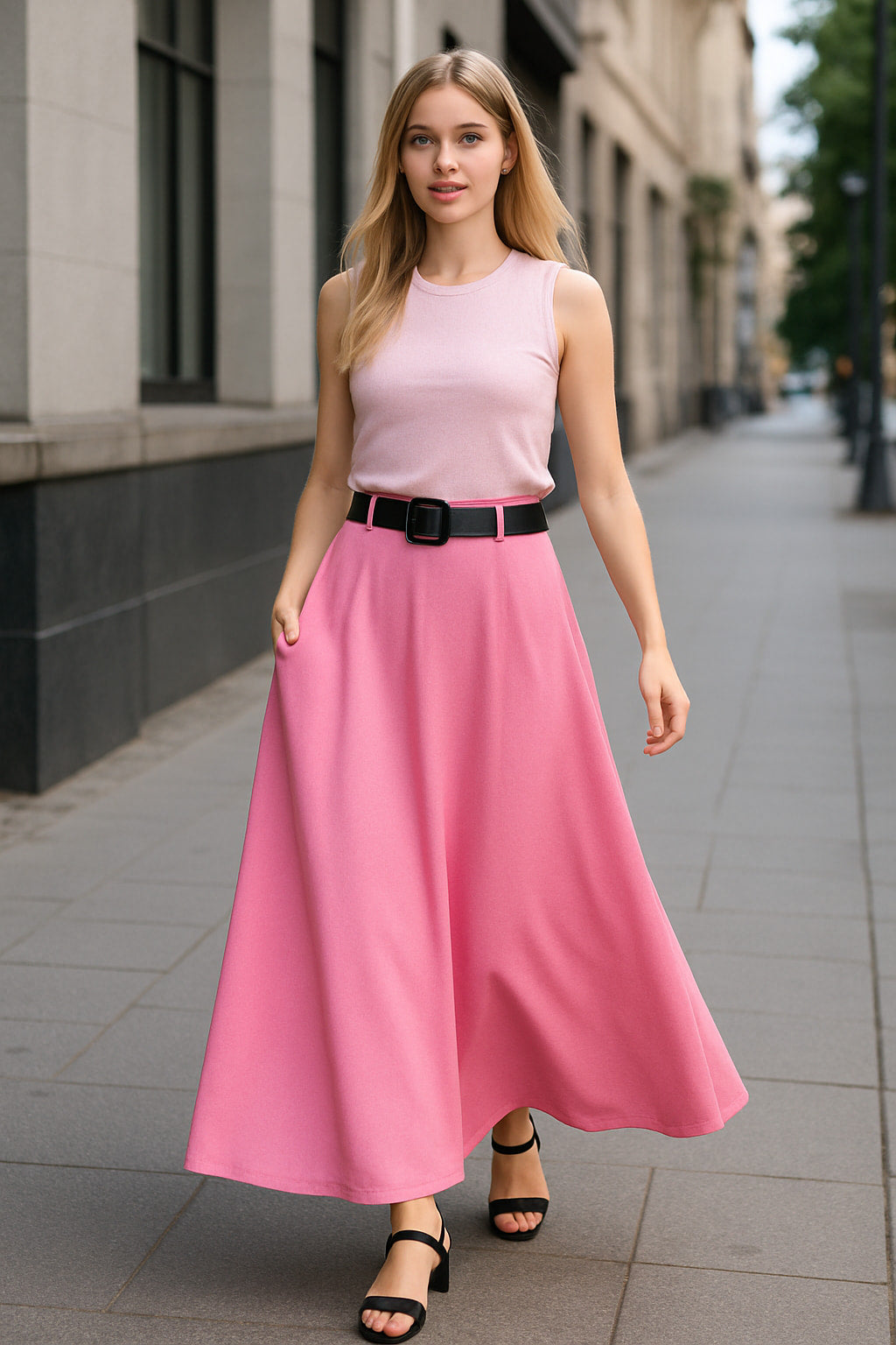 Φούστα maxi κρεπ σε Α γραμμή με ζώνη