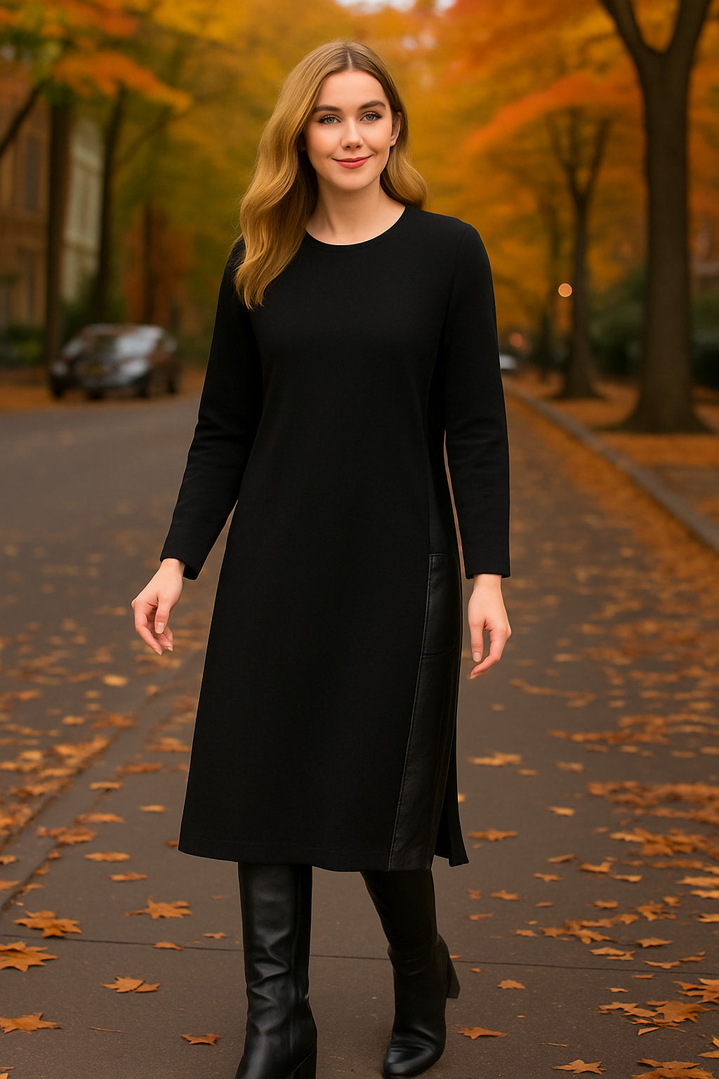 Φόρεμα midi με δερματίνη στα πλαϊνά