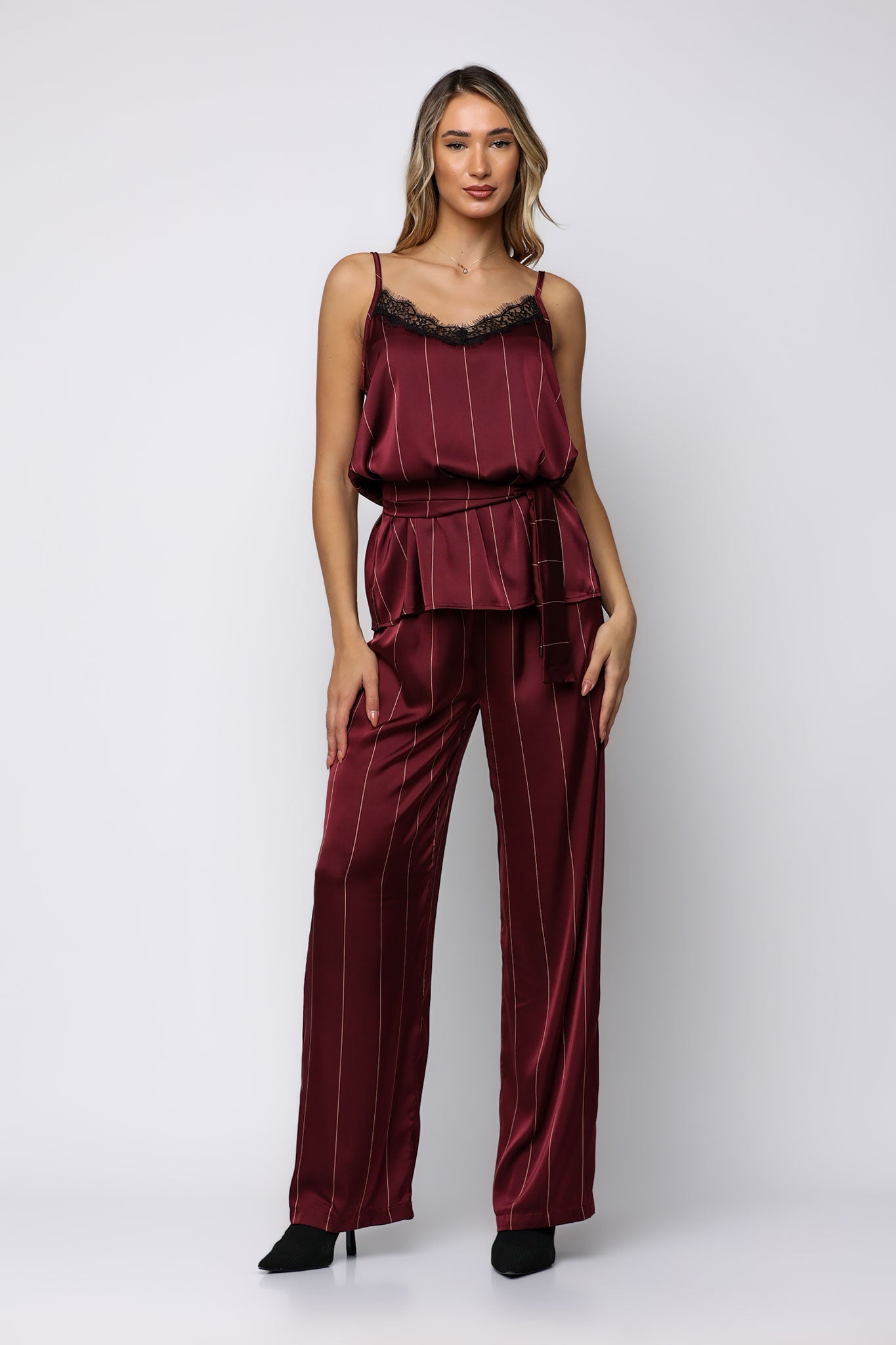 Set satin ριγέ top & παντελόνα