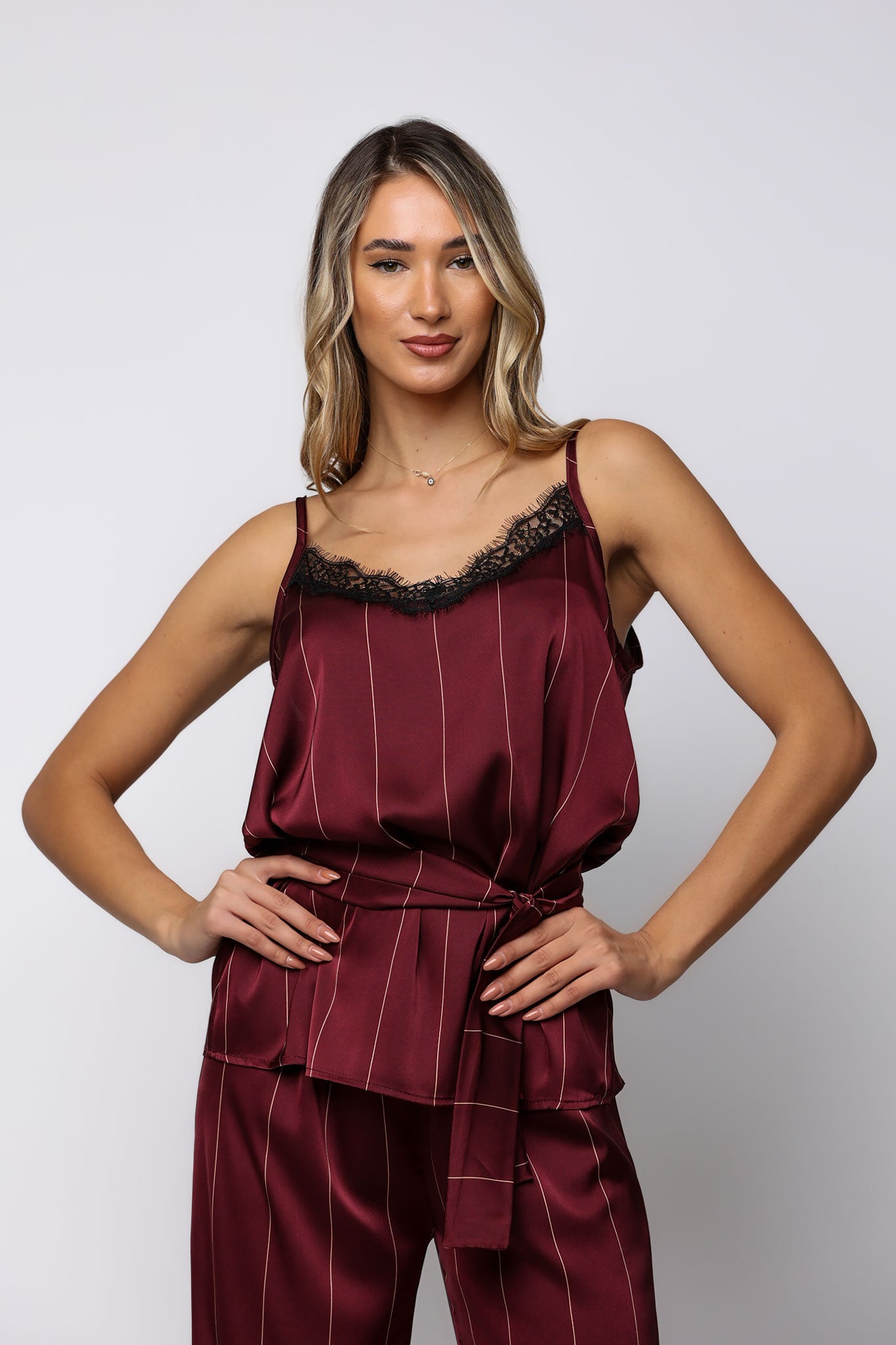 Set satin ριγέ top & παντελόνα