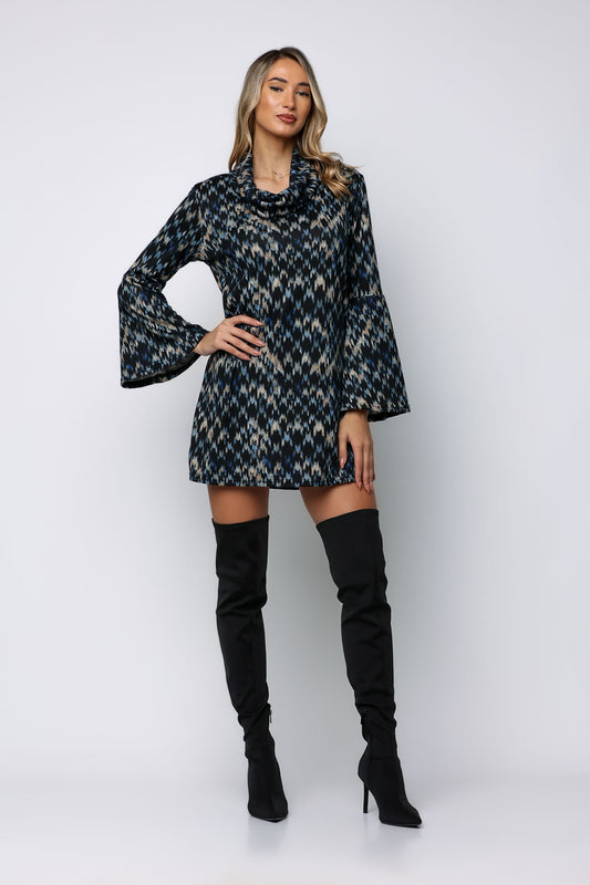 Φόρεμα mini εμπριμέ λεπτό πλεκτό