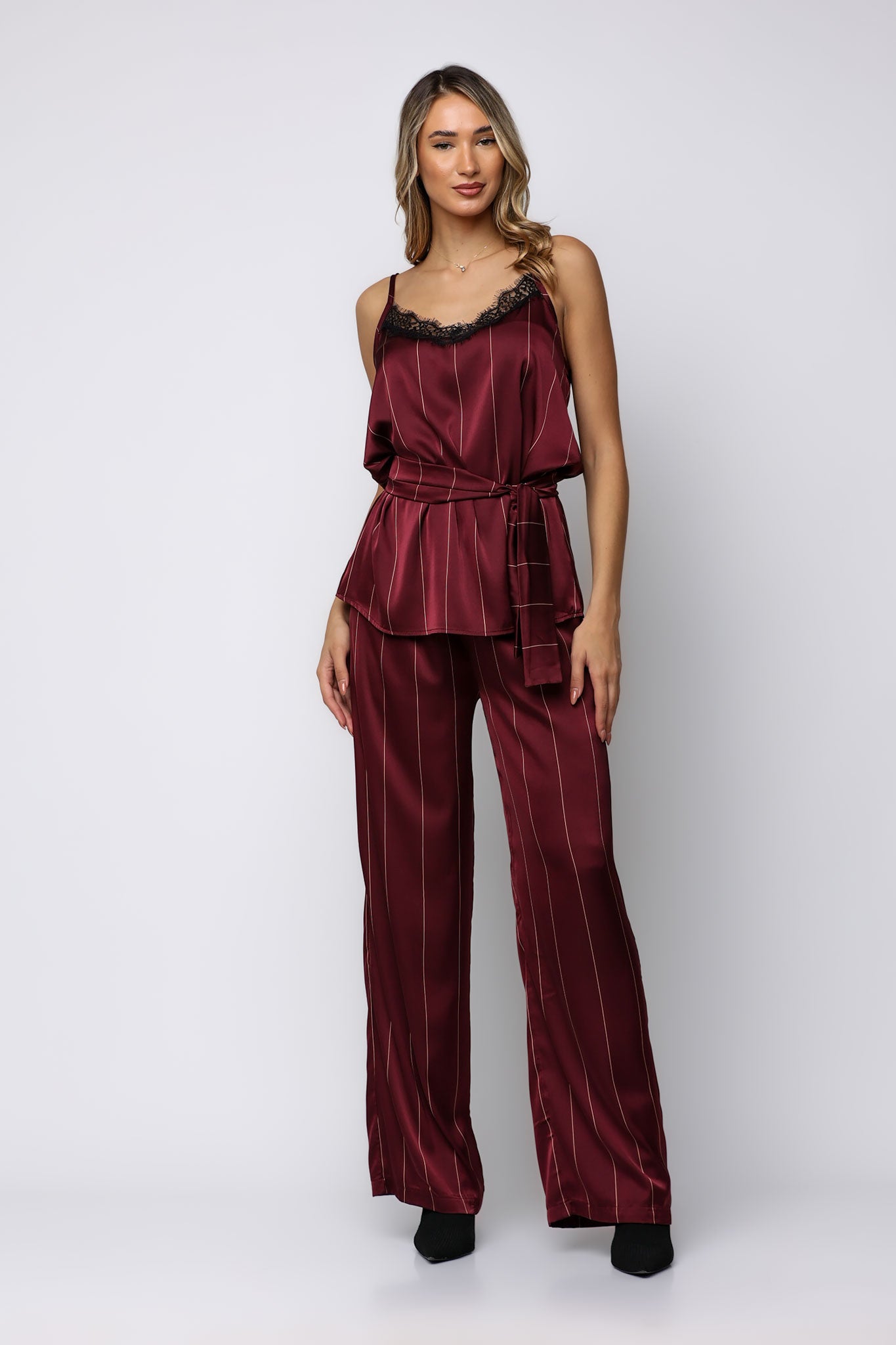 Set satin ριγέ top & παντελόνα