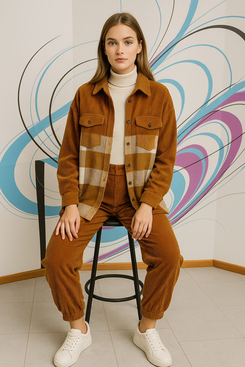 Σετ φόρμας κοτλέ καρό πουκάμισο - παντελόνι