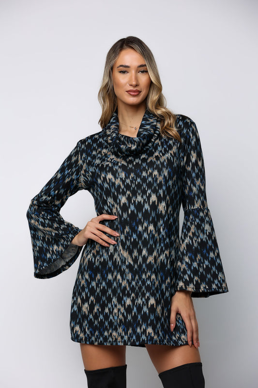 Φόρεμα mini εμπριμέ λεπτό πλεκτό