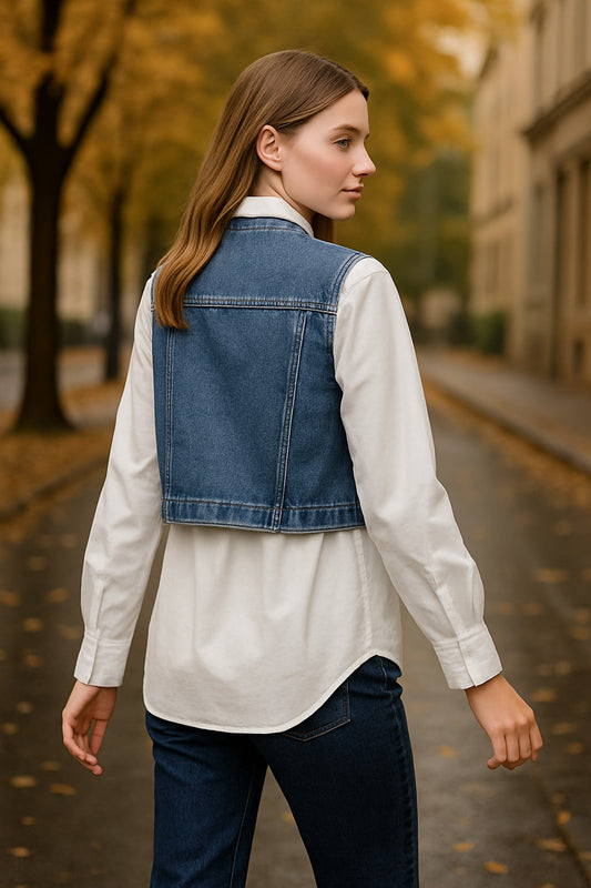 Πουκάμισο ποπλίνα με γιλέκο jean με strass