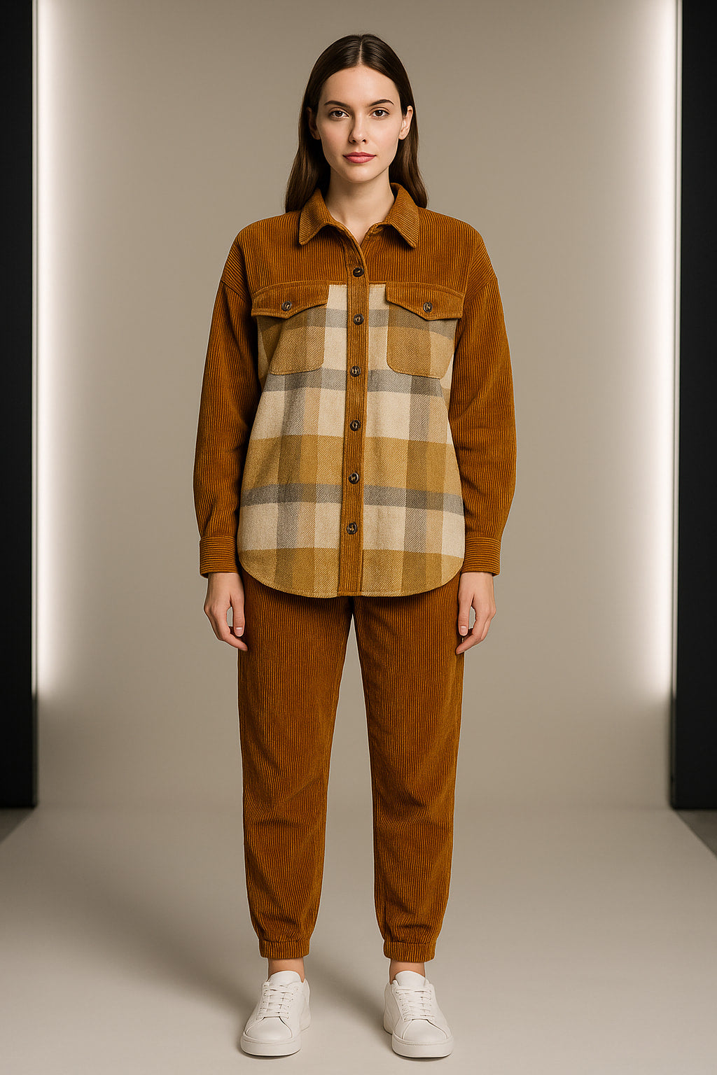 Σετ φόρμας κοτλέ καρό πουκάμισο - παντελόνι