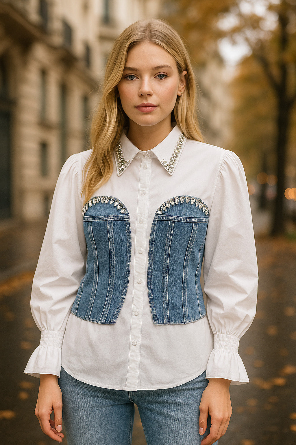 Πουκάμισο ποπλίνα με jean & strass λεπτομέρειες