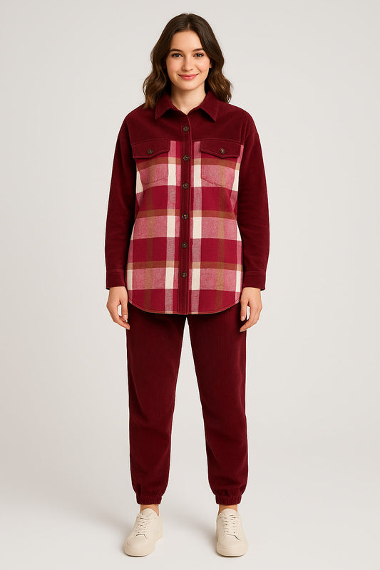 Σετ φόρμας κοτλέ καρό πουκάμισο - παντελόνι