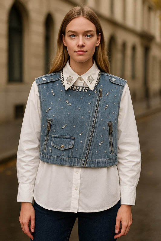 Πουκάμισο ποπλίνα με γιλέκο jean με strass