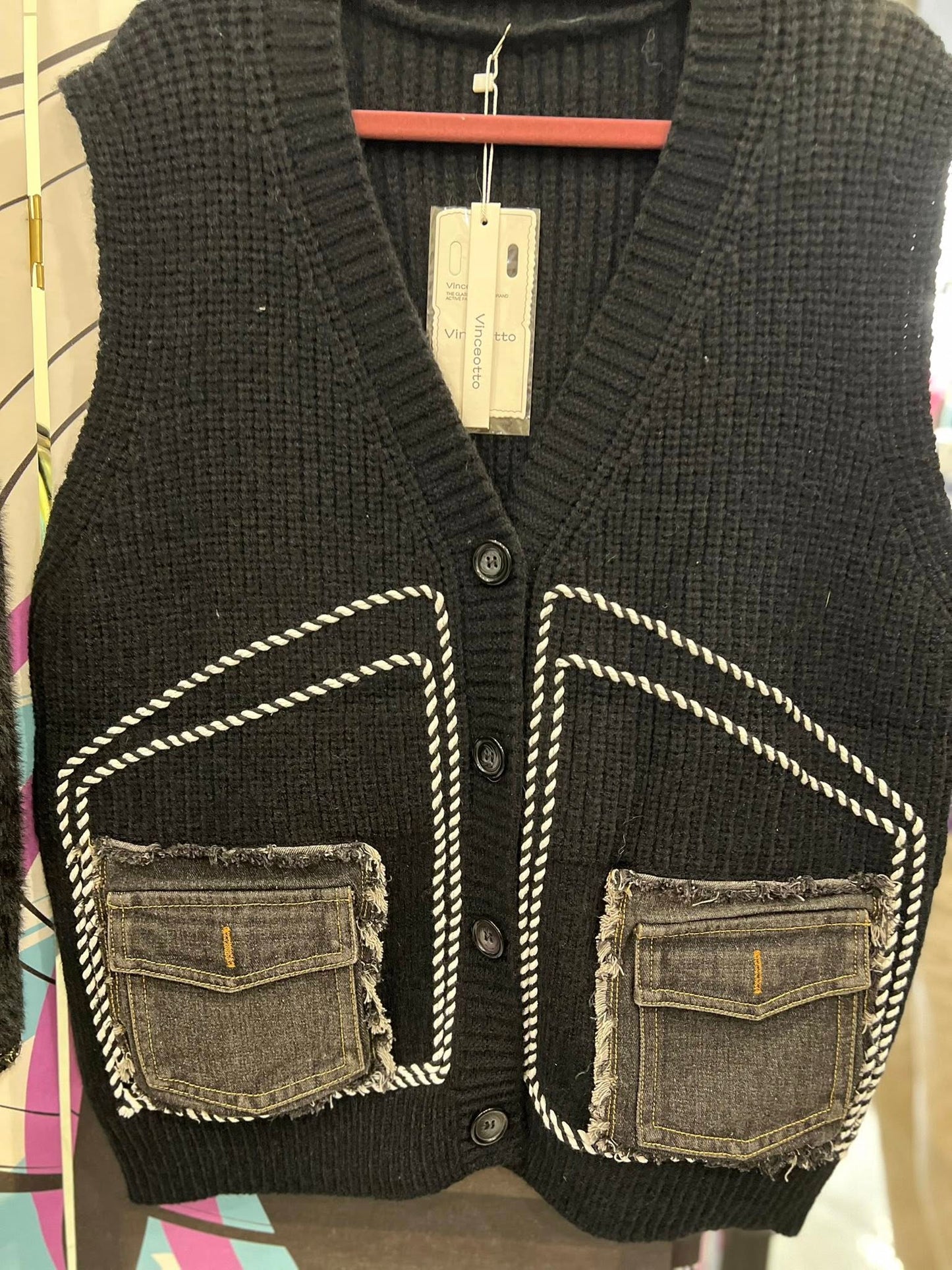 Γιλέκο oversized πλεκτό με jean λεπτομέρειες