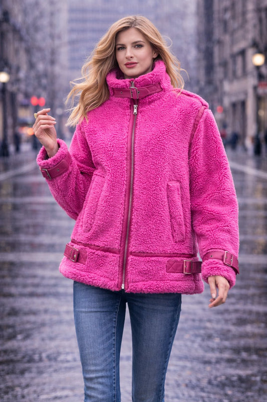 Jacket loose μπουκλέ με στοιχεία δερματίνης