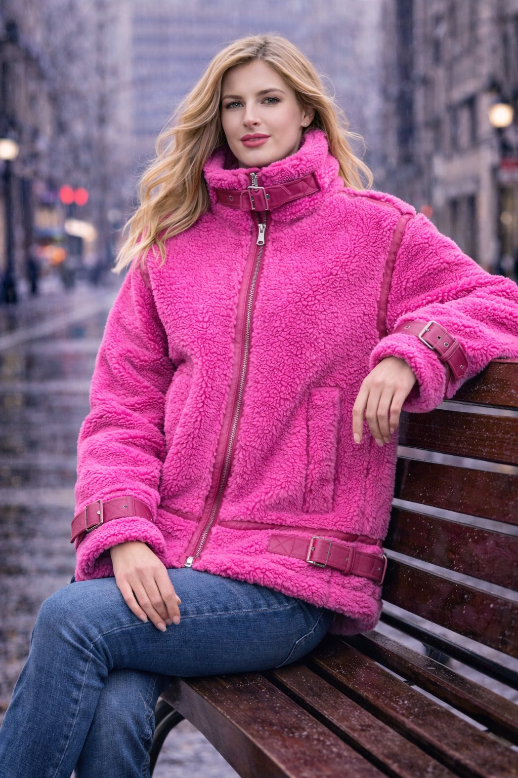 Jacket loose μπουκλέ με στοιχεία δερματίνης