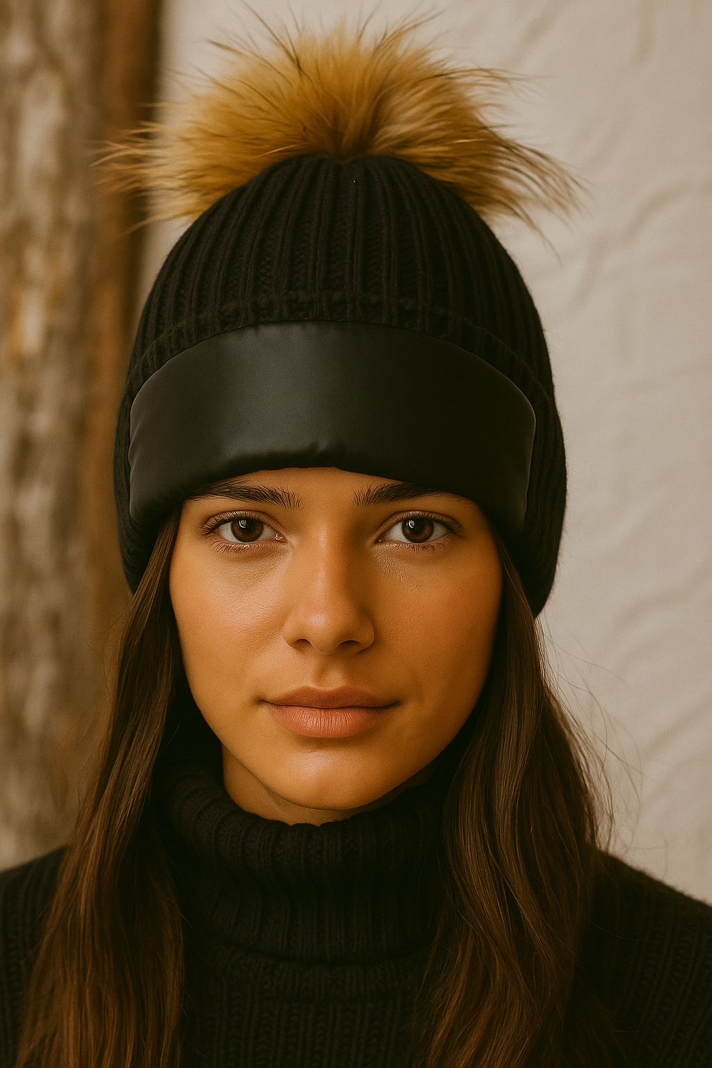 Σκούφος πλεκτός rib με λεπτομέρεια puffer