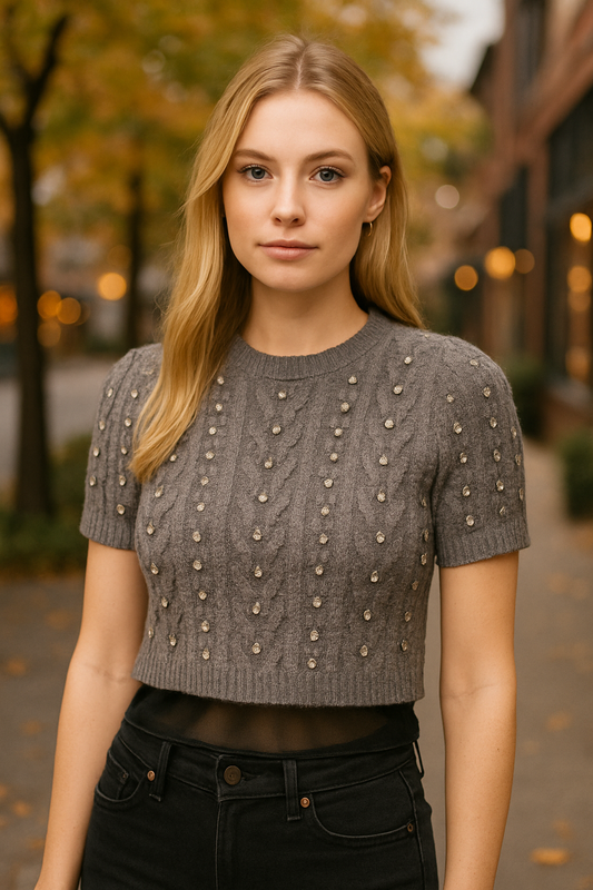 Top cropped πλεκτό με ασημί πέτρες