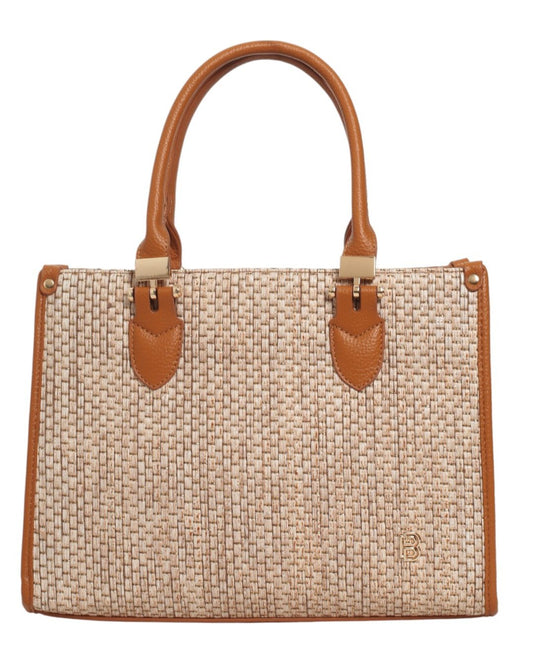 Τσάντα tote medium με ψάθα και δέρμα