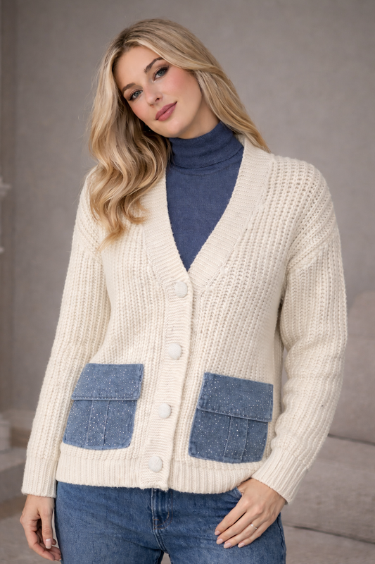 Ζακέτα πλεκτή με jean/strass λεπτομέρειες