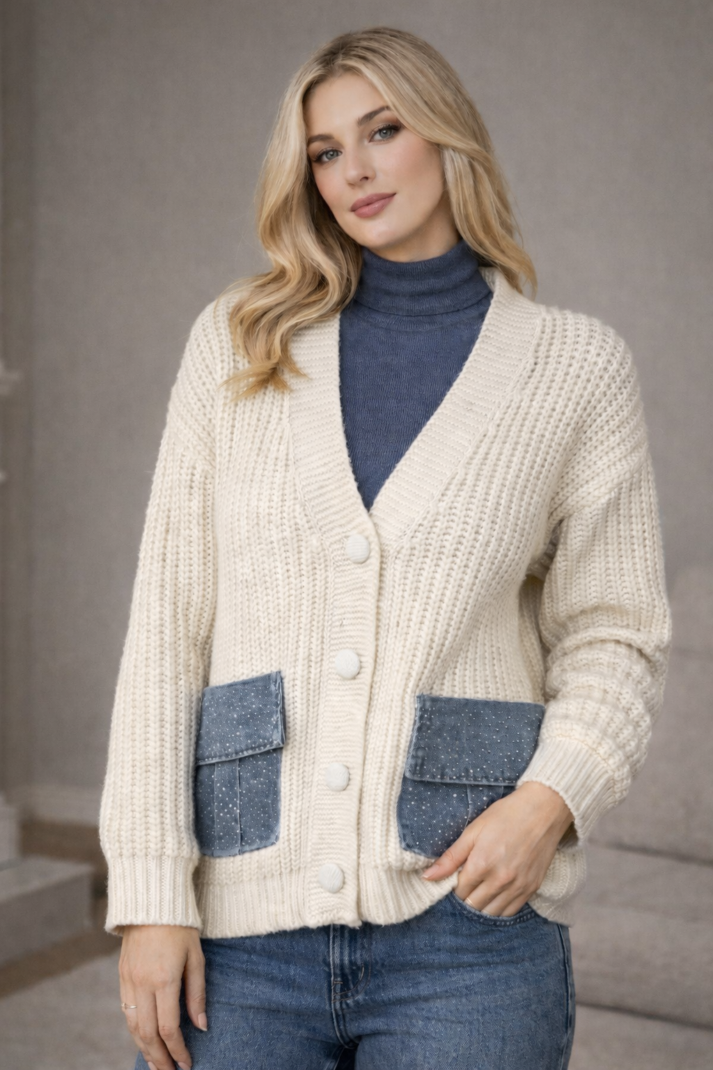 Ζακέτα πλεκτή με jean/strass λεπτομέρειες