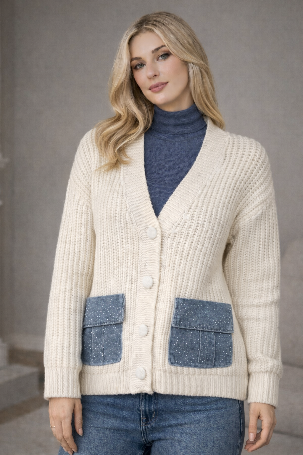 Ζακέτα πλεκτή με jean/strass λεπτομέρειες