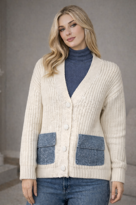 Ζακέτα πλεκτή με jean/strass λεπτομέρειες