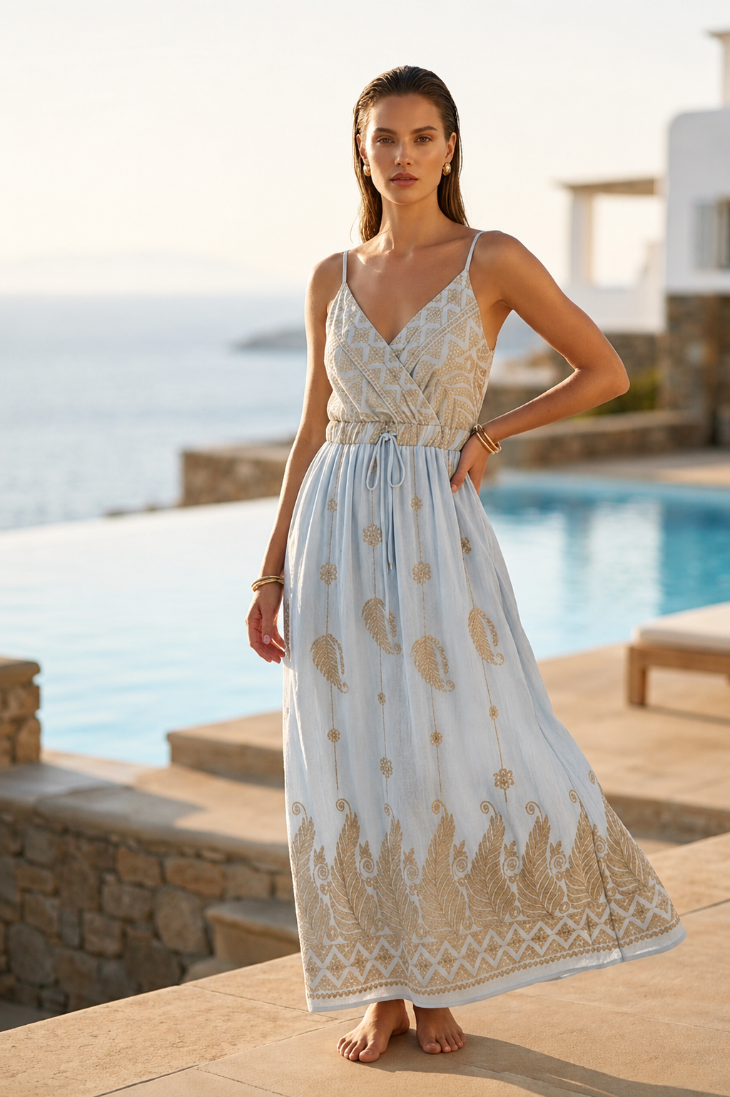 Φόρεμα maxi viscose/linen με κεντήματα