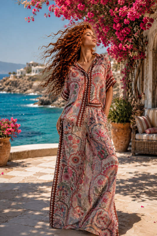 Σετ πουκαμίσα - παντελόνα σατινέ floral printed