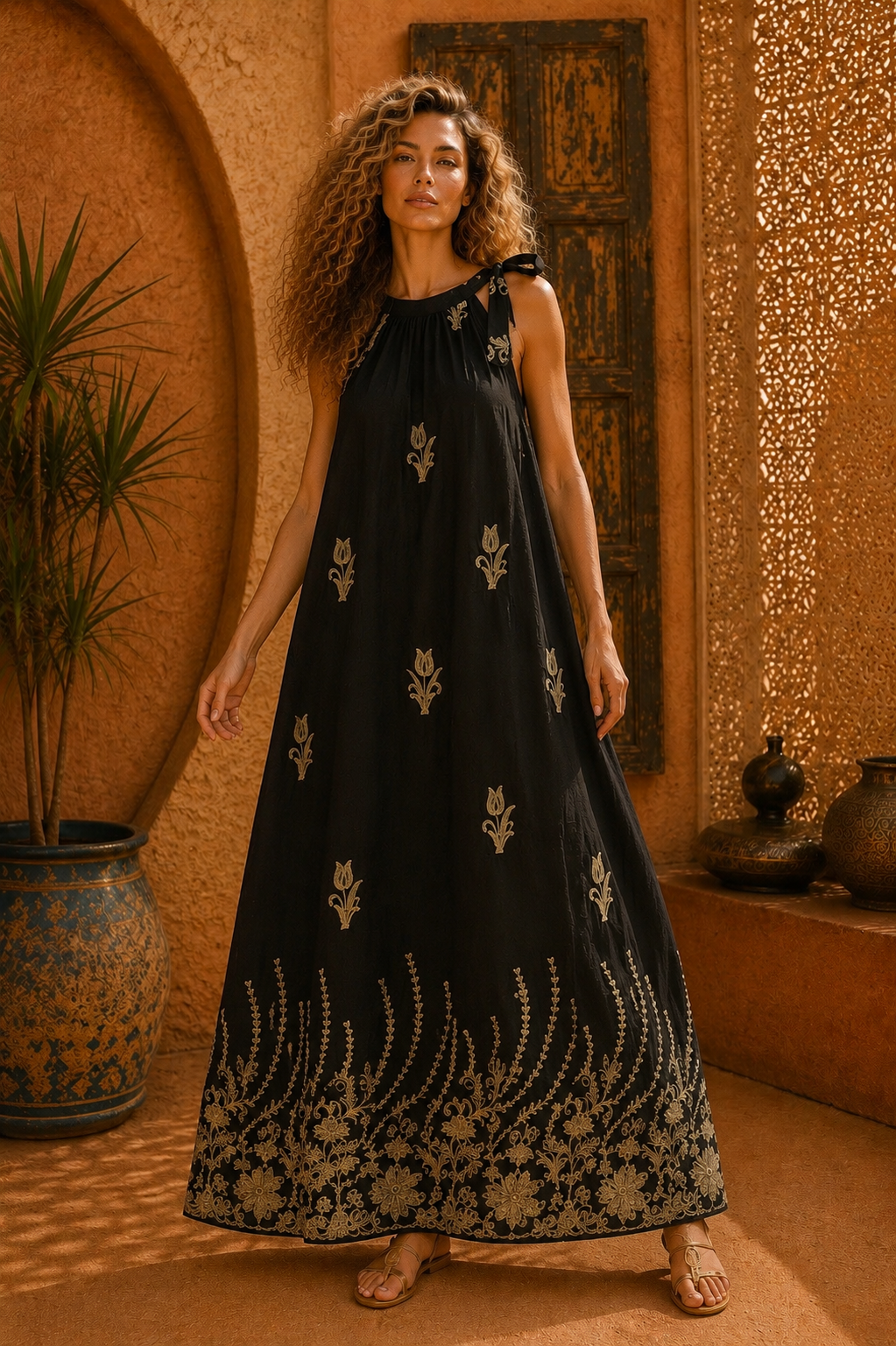 Φόρεμα maxi boho με σε Α γραμμή με κεντήματα