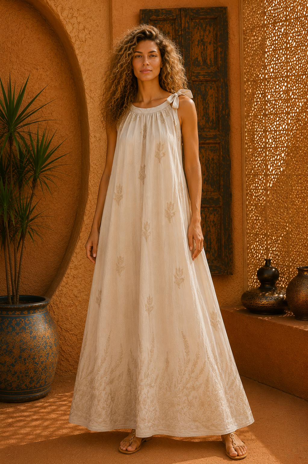 Φόρεμα maxi boho με σε Α γραμμή με κεντήματα