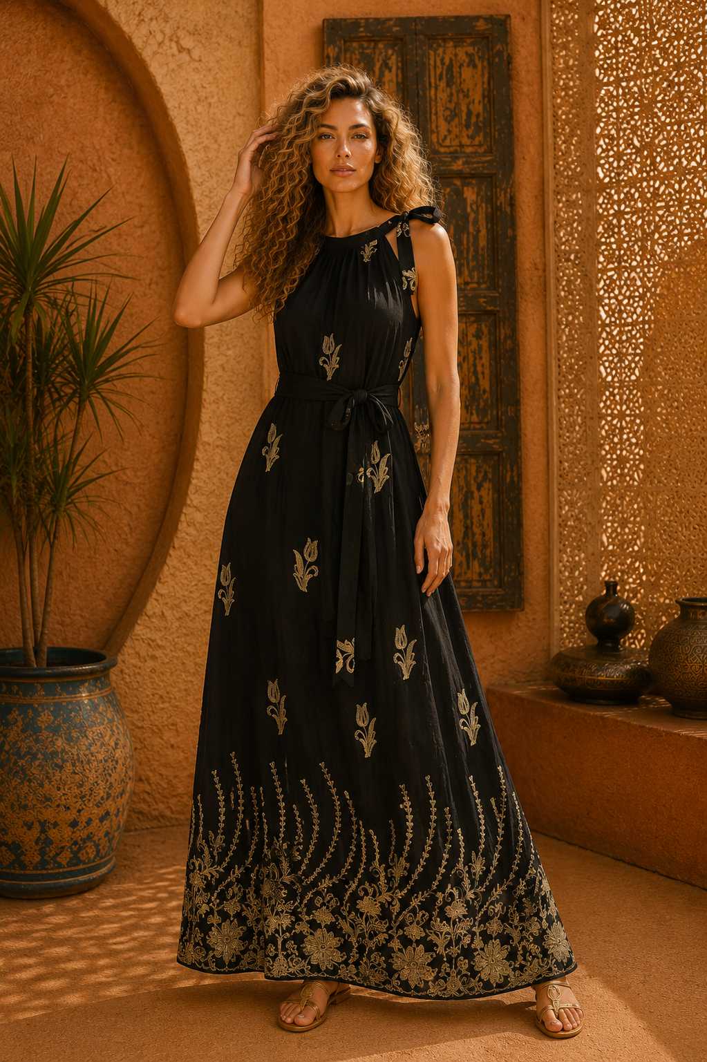 Φόρεμα maxi boho με σε Α γραμμή με κεντήματα